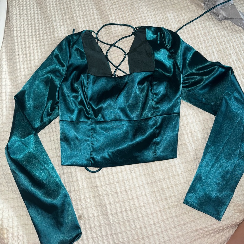 Mustard Seed size small green lace up blouse